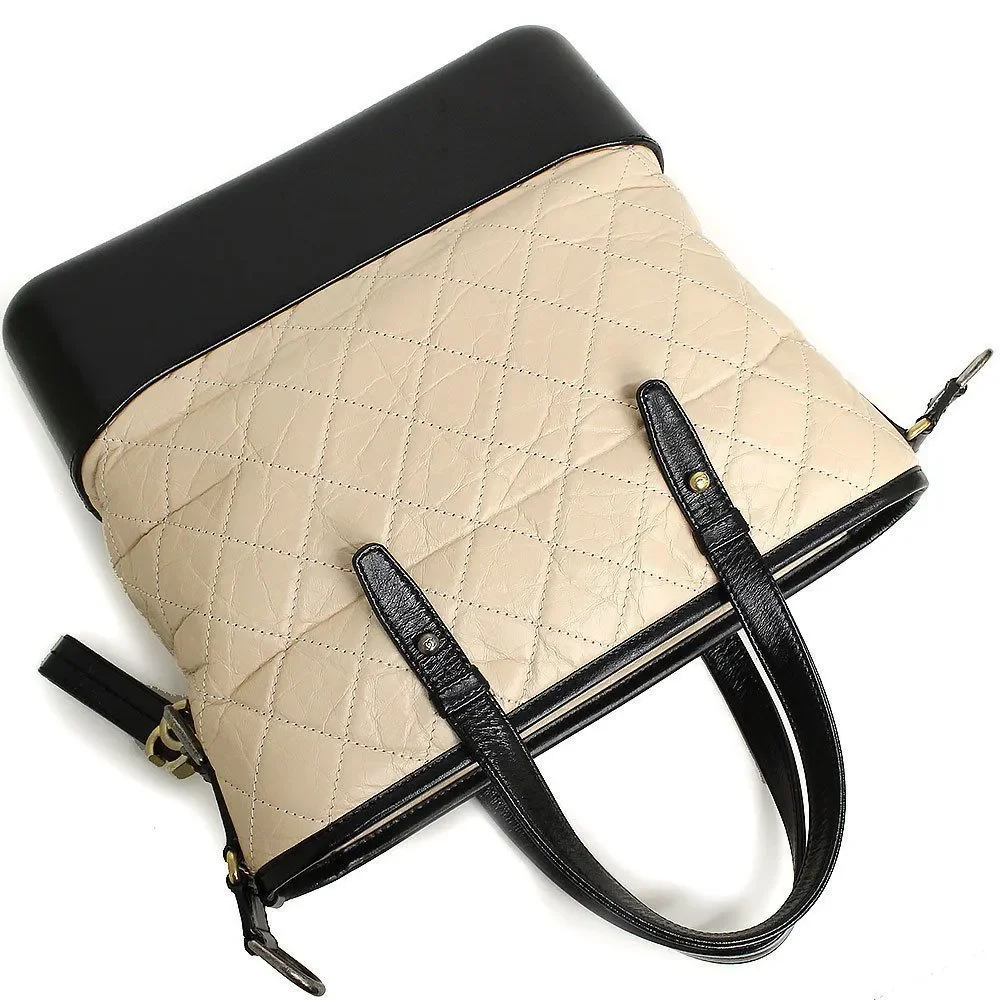 Chanel Calfskin Beige Black Shoulder Bag